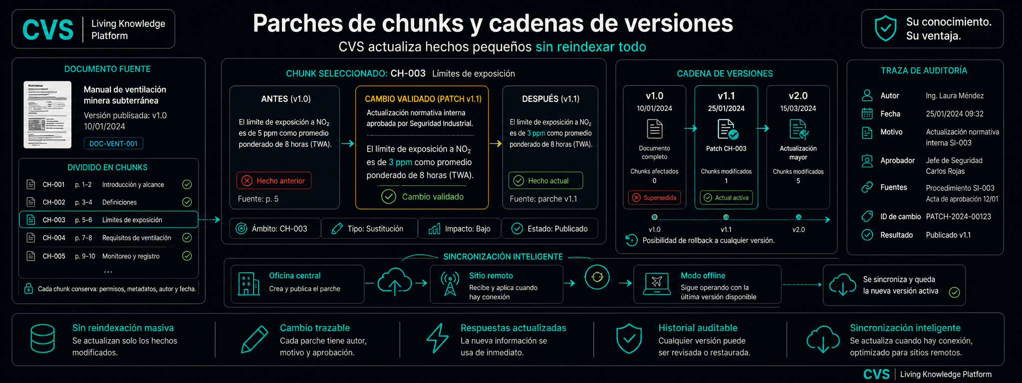 Los parches de fragmentos y las cadenas de versiones preservan cada original.